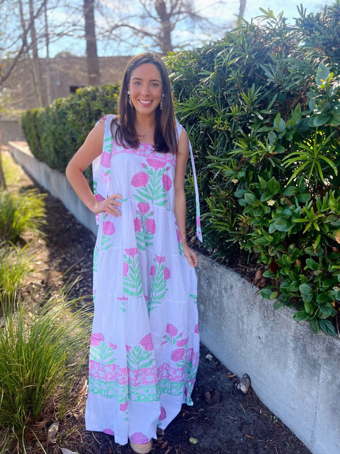 Trunk show white and pink tie shoulder midi dress | Mulberry & King