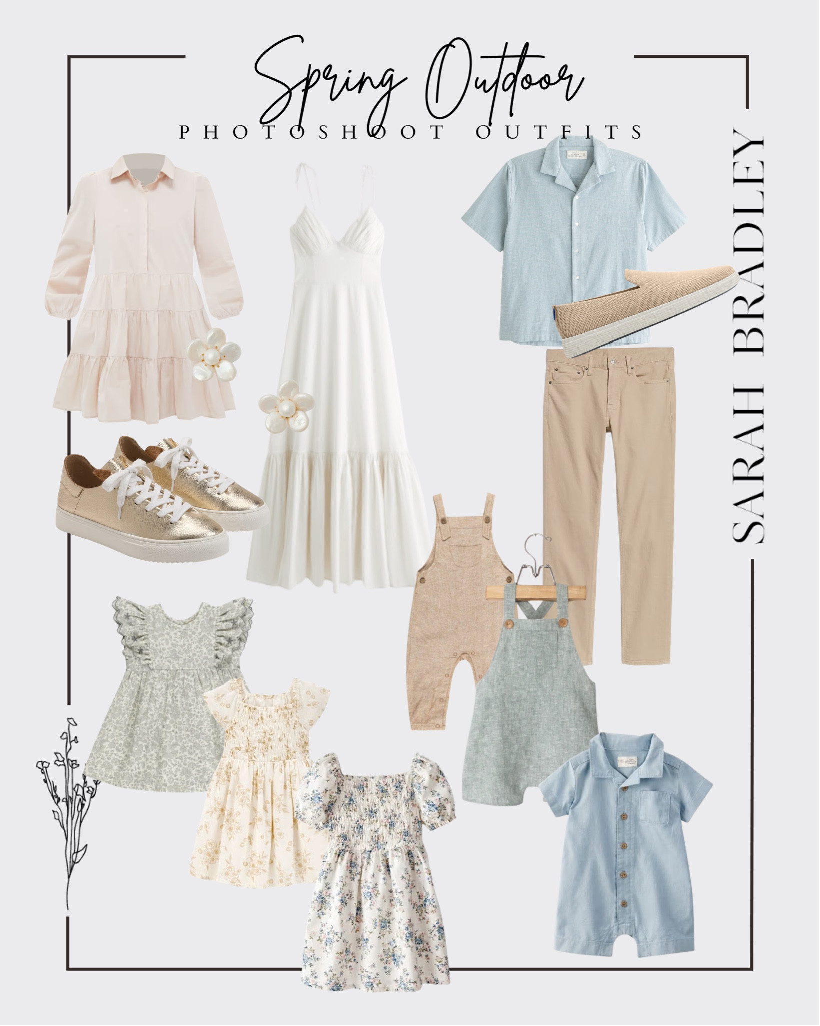 Outdoor spring photoshoot outfit ideas! Light neutrals, playing with patterns for the kids! Fun gold sneakers for mom. I’ve heard these men’s shoes are so comfortable. 

#LTKKids #LTKStyleTip #LTKFamily