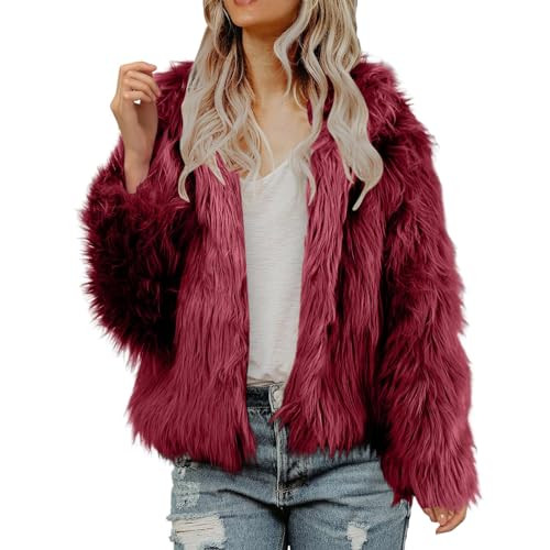 Jackets for Women Fashion Casual Loose Tops Open Front Long Sleeve Hooded Furry Jacket Warm Outerwear Shaggy Jackets Red | Amazon (US)