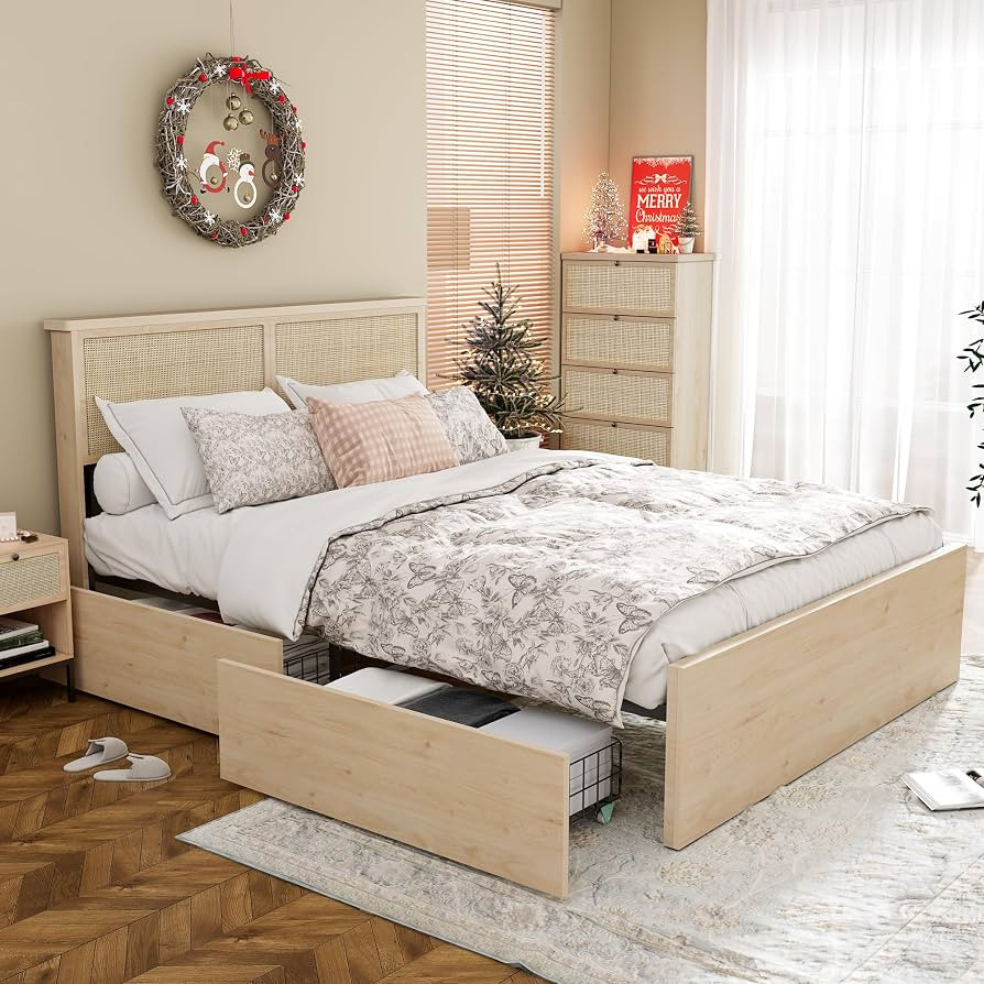 Yechen Queen Bed Frame with Natural Rattan Headboard and Wooden 4 Storage Drawers, Metal Platform... | Amazon (US)