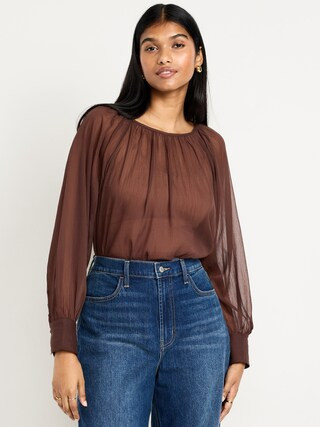 Shirred Chiffon Long-Sleeve Top | Old Navy (US)