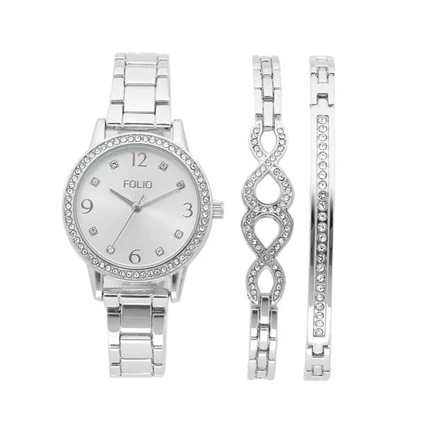 Folio Women's Crystal Glitz 3-Piece Watch & Bracelet Set | Kohl's