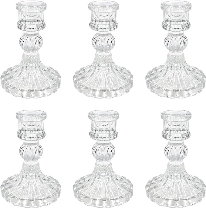 Glass Candlestick Holders Set of 6, Clear Stripe Taper Candle Holders for Table Centerpiece, Home... | Amazon (US)