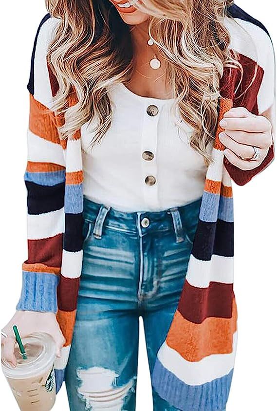Voghtic Women Color Block Striped Long Sleeve Open Front Cardigan Knit Sweater Overcoat | Amazon (US)