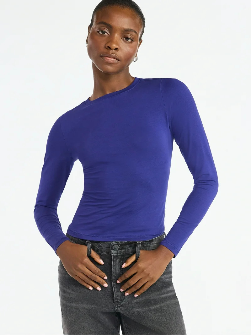 Scoop Women’s Stretch Cotton Blend Crewneck Tee with Long Sleeves, Sizes XS-XXL | Walmart (US)
