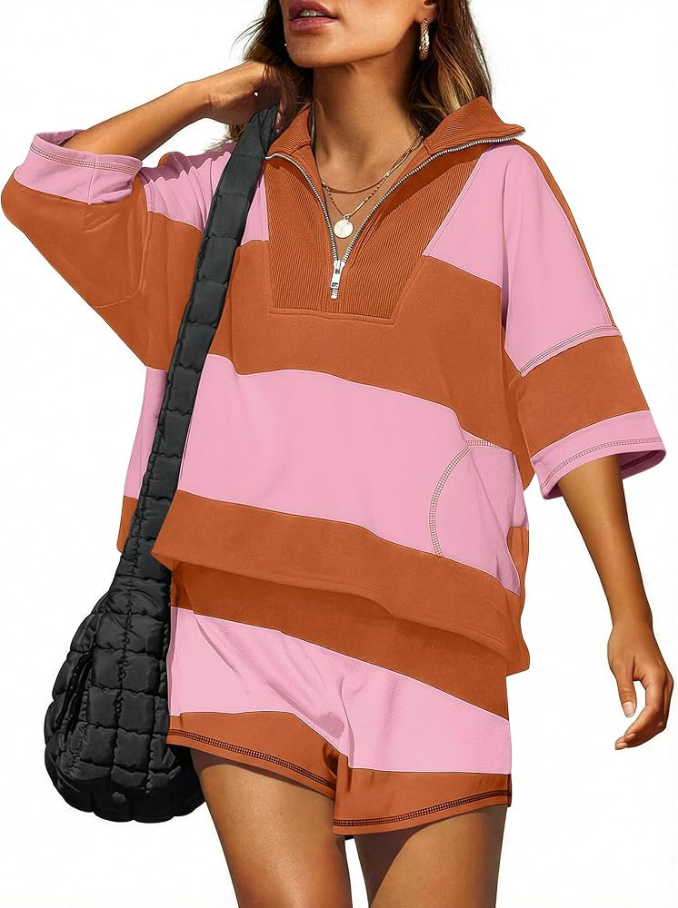 ANRABESS Striped Short Sets for Women 2 Piece Outfits Summer Casual Oversized Workout Athletisure... | Amazon (US)