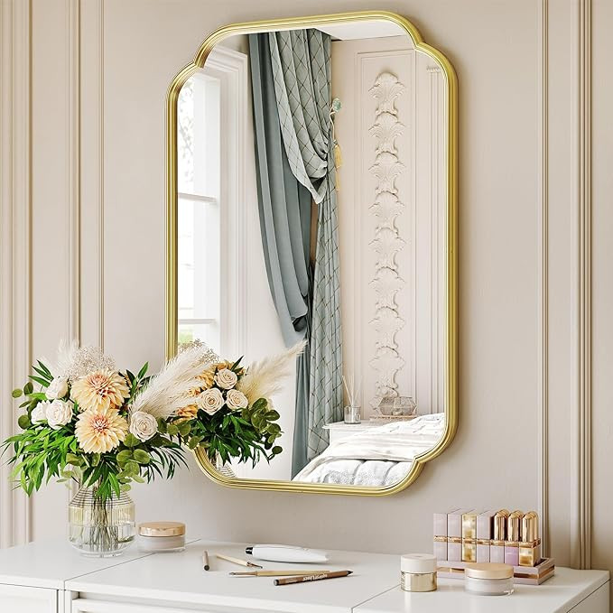 Gold Bathroom Scalloped Mirror, 20” x 30”Rounded Corner Rectangle Wall Mirrors with Metal Fra... | Amazon (US)