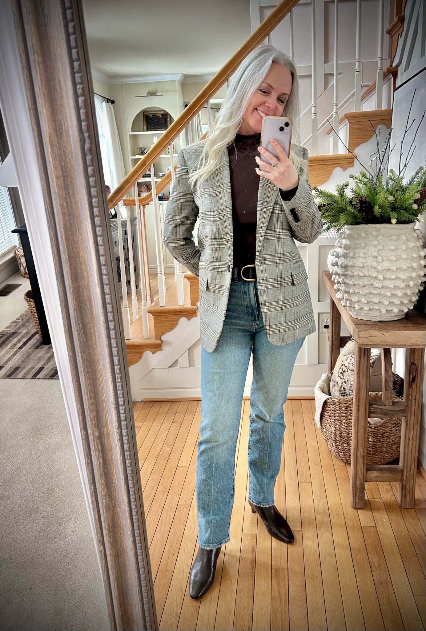 Madewell, Sale Alert, Madewell winter sale, Madewell blazer and coat sale, Long weekend sale , Madewell jeans, straight leg jeans, 90’s straight jeans, plaid blazer, Kline blazer, Italian wool blend blazer, dimes boots, kitten heel boots, , brown boots, brown leather belt, brown mock turtleneck, winter wardrobe, classic chic
5’ 6” , wearing all Madewell clothing running  true to size ll (except mock neck  in banana republic factory)

#LTKOver40 #LTKxMadewell #LTKSaleAlert