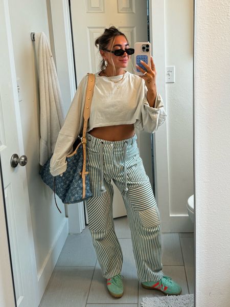 Casual errands outfit! My favorite free people jeans (run TTS, in a 26), lace bralette is small, top is Joah brown not linkable on this app so I linked similar on Amazon! Hoops code JULIA15

Adidas gazelle sneakers size down 1 full size when ordering 

Casual outfit, mom style 