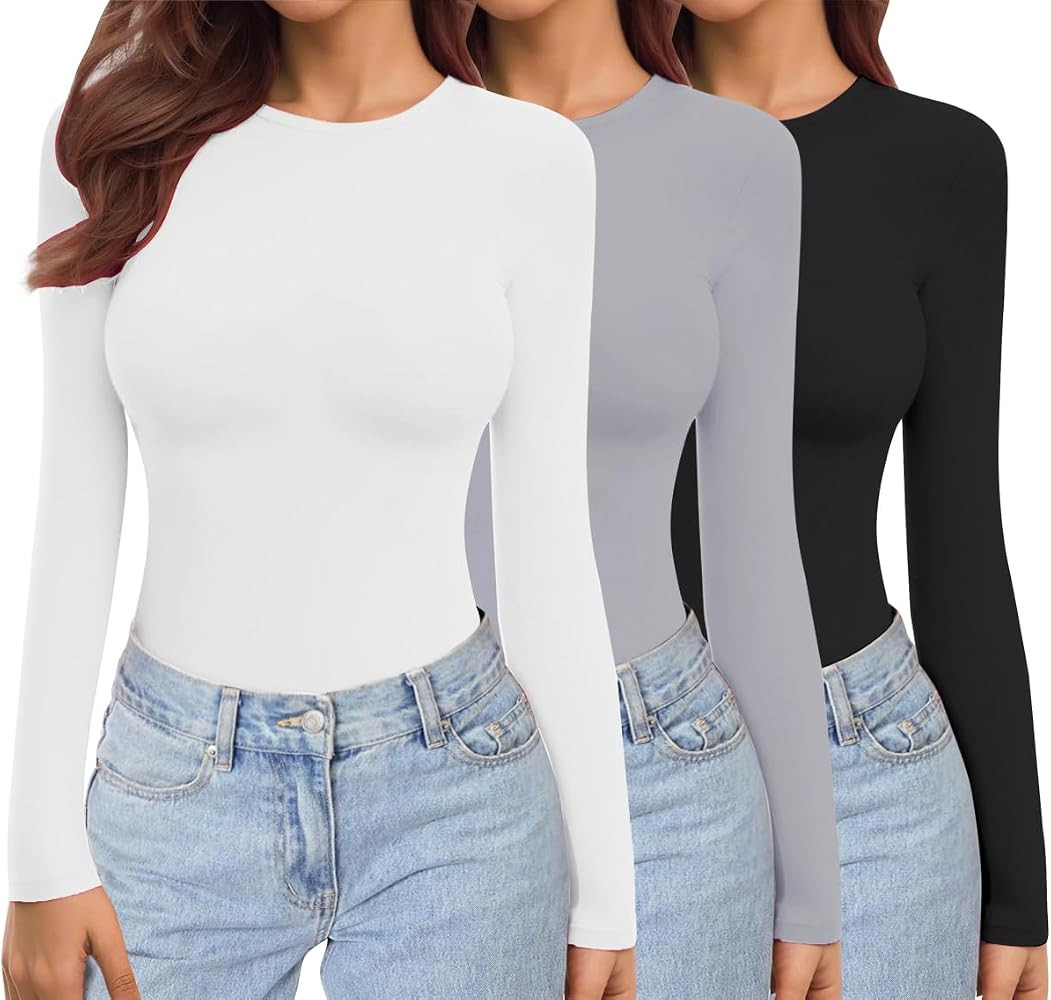 Ekouaer Womens 3 Pack Long Sleeve Shirts Crew Neck Stretch Fitted Underscrubs Trendy Basic Tops L... | Amazon (US)
