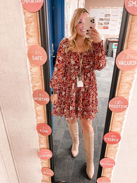 Dress is from RBC & Co. 
Wearing a size 7.5 TTS in these adorable Target western style boots 🤠