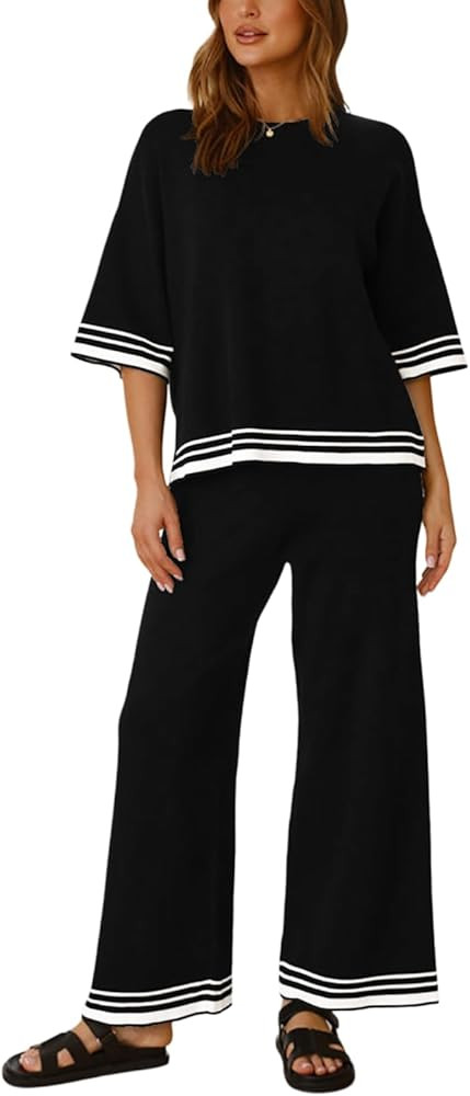 Sweater Sets Women 2 Piece Lounge Sets Short Sleeve Knit Pullover Tops Wide Leg Pants Comfy Pajam... | Amazon (US)