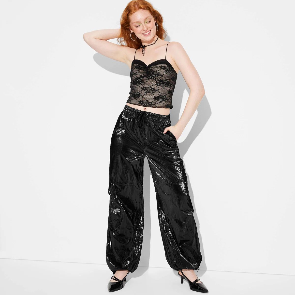 Women's Shiny Baggy Parachute Pants - Wild Fable™ Black | Target