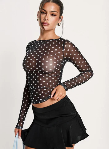 Rosenda Mesh Long Sleeve Top Black / White Polka | Princess Polly US