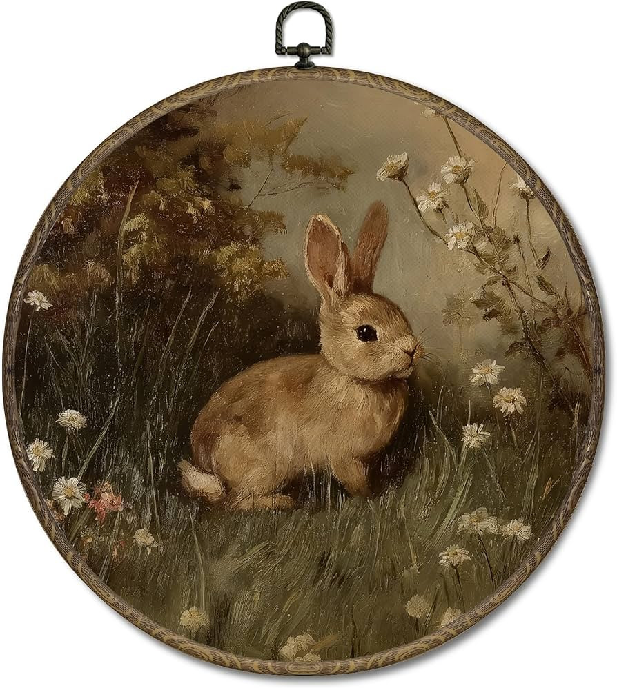 OINDADE Rustic Easter Rabbit Round Wall Art Decor, Vintage Moody Bunny Nursery Wall Art Hanging D... | Amazon (US)