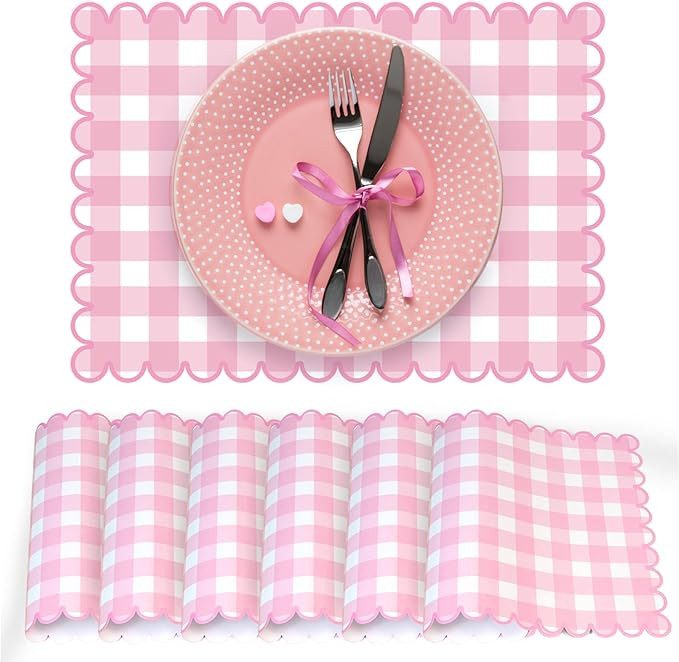Stuffygreen 100 Pcs Pink Paper Placemats Disposable Scalloped Pink Plaid Placemats 14.5 Inch Spri... | Amazon (US)