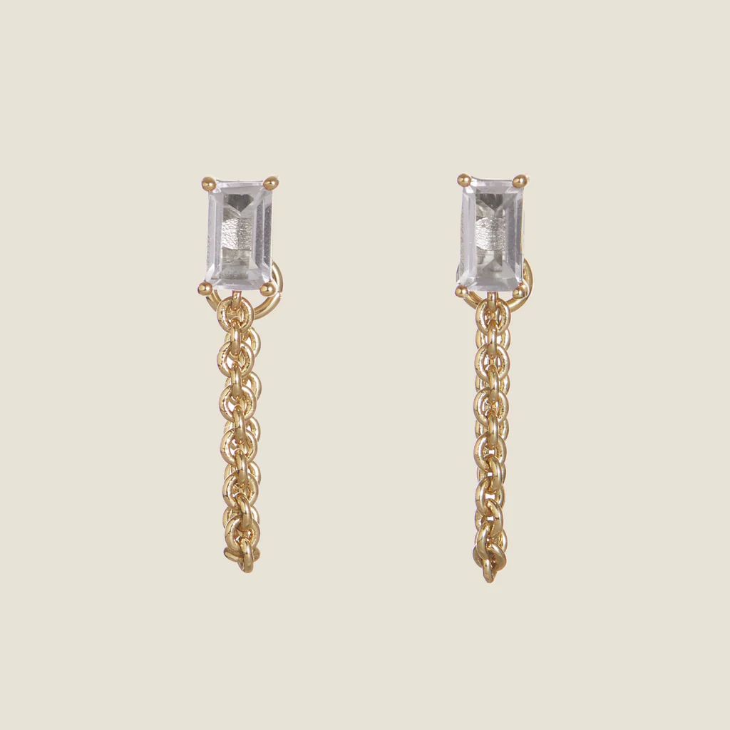 Classic Baguette Chain Drop Studs | Nickel and Suede