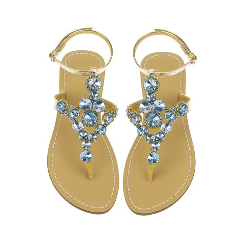 UTIKLIOU Women's Rhinestone Flat Sandals T-Strap Thong Sandals Summer Flat Sandals Flip Flop Sandals Beach Dress Wedding Shoes (Blue 11.5) | Amazon (US)