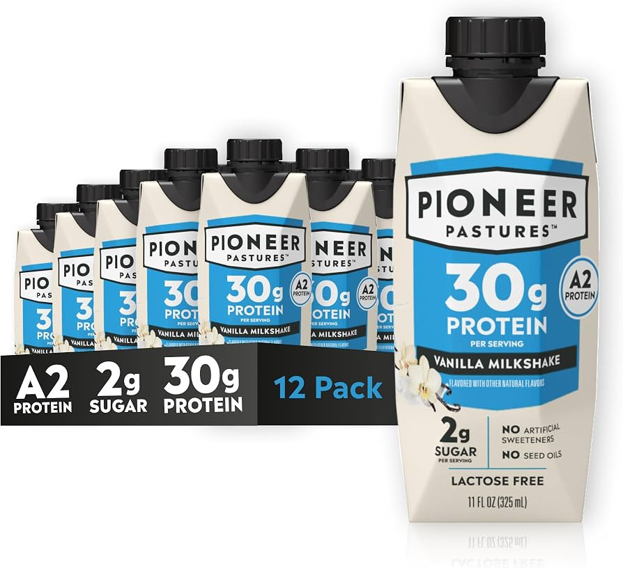 Pioneer Pastures High Protein A2 Milkshakes, Vanilla, 11oz, 12 Pack | Amazon (US)