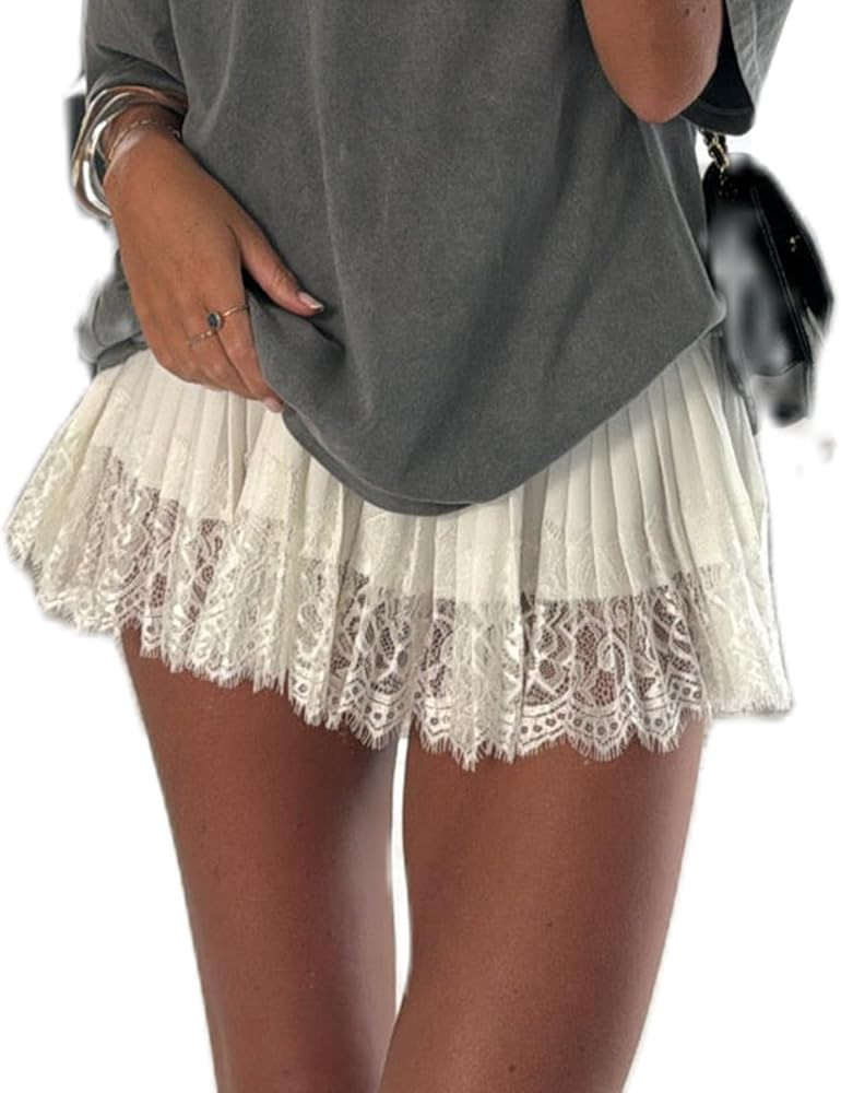 UAURORAO Women Lace Trim Half Slip Skirt Elastic Y2k Floral Sheer Mini Skirt Ruffle Pleated Under... | Amazon (US)