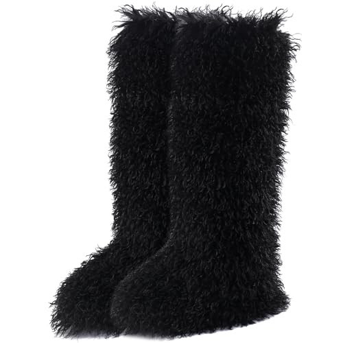 Faux Fur Tall Furry Boots for Womens,Long Winter Boots for Girls,Mongolian Fluffy Boots for Kids Fuzzy Knee-High Boots(LongMongolianBlack,12) | Amazon (US)