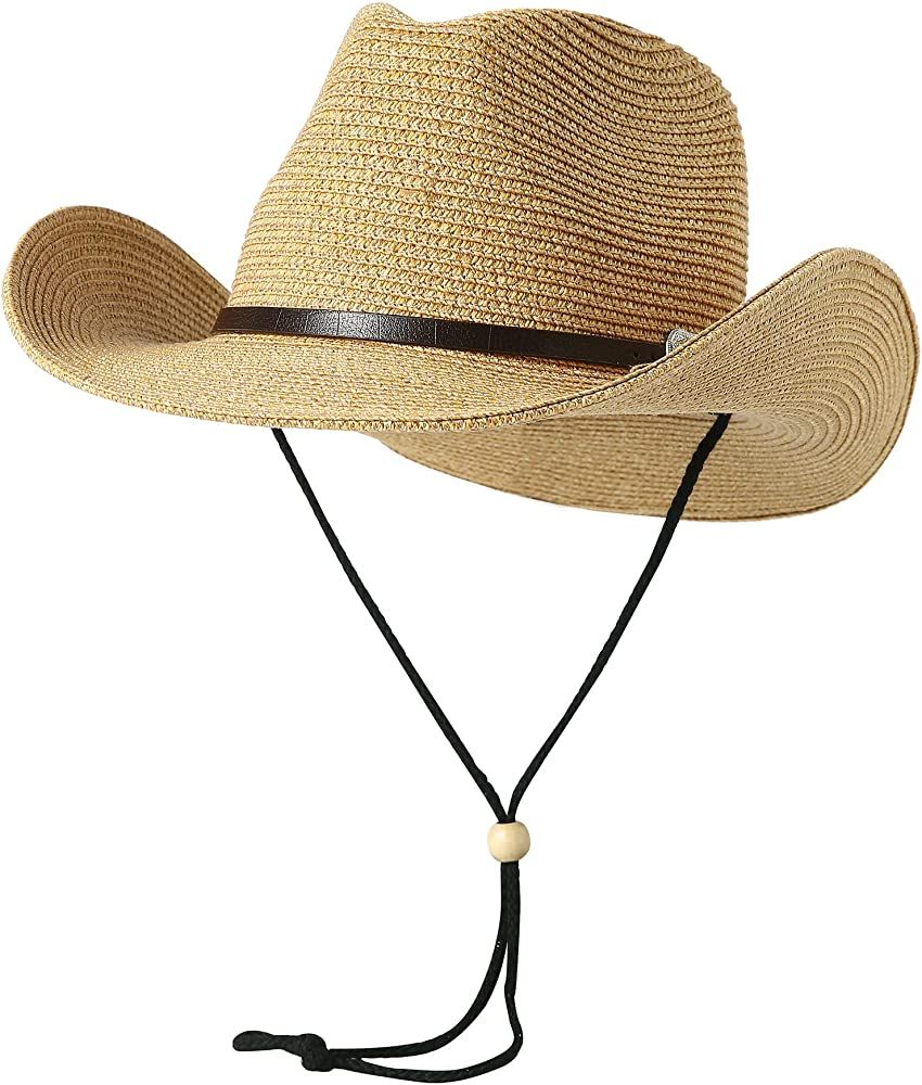 Lanzom Women Men Summer Western Straw Cowboy Cowgirl Hat Shapeable Wide Brim Staw Beach Sun Hat | Amazon (US)