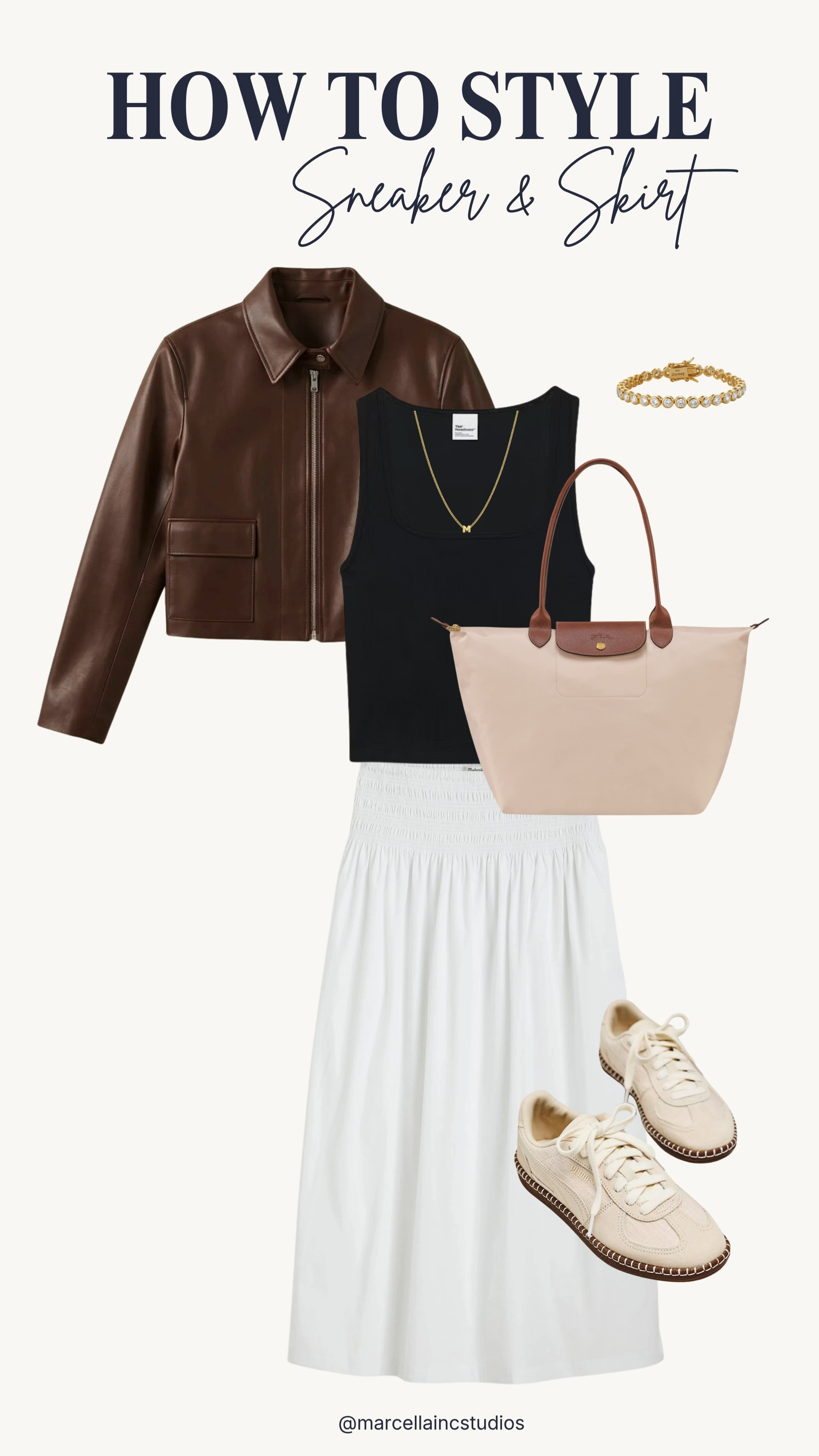 Summer sneaker and skirt outfit with new Anthropologie exclusive Puma sneakers and Dorsey tennis bracelet. #sneakeroutfit #puma #poplinskirt #cognac #tennisbracelet #ltkstyletip

#LTKootd #LTKOver40 #LTKWorkwear