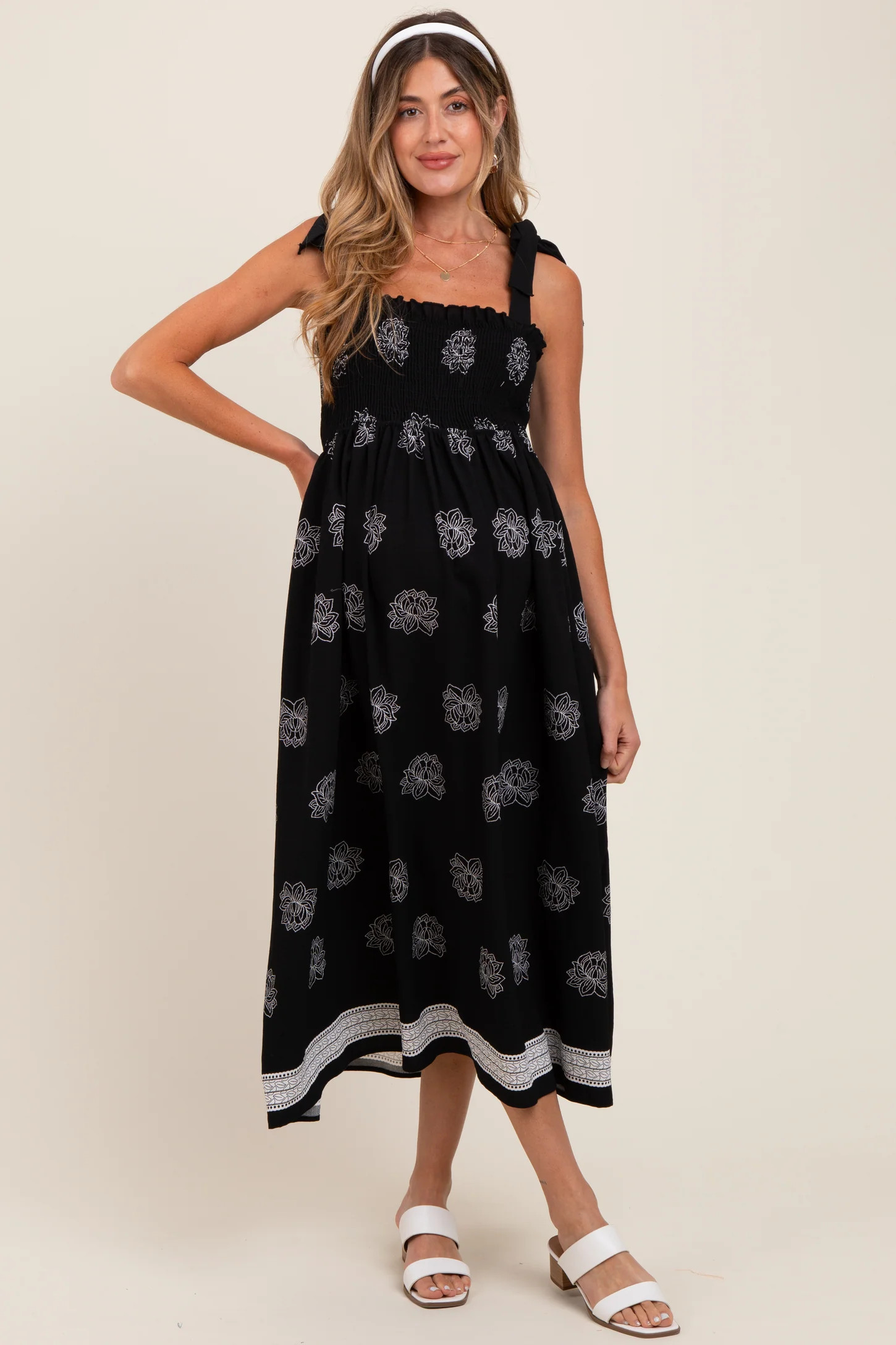 Black/Cream Vintage Floral Border Printed Smocked Top Sleeveless Maternity Maxi Dress | PinkBlush Maternity