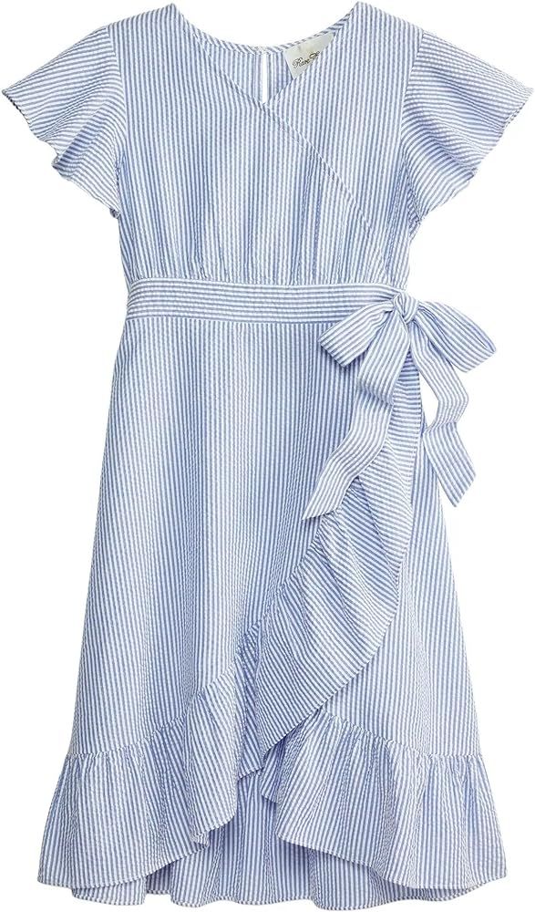 Rare Editions Girls 7-16 Blue Pinstripe Seersucker Faux Wrap Flutter Dress | Amazon (US)