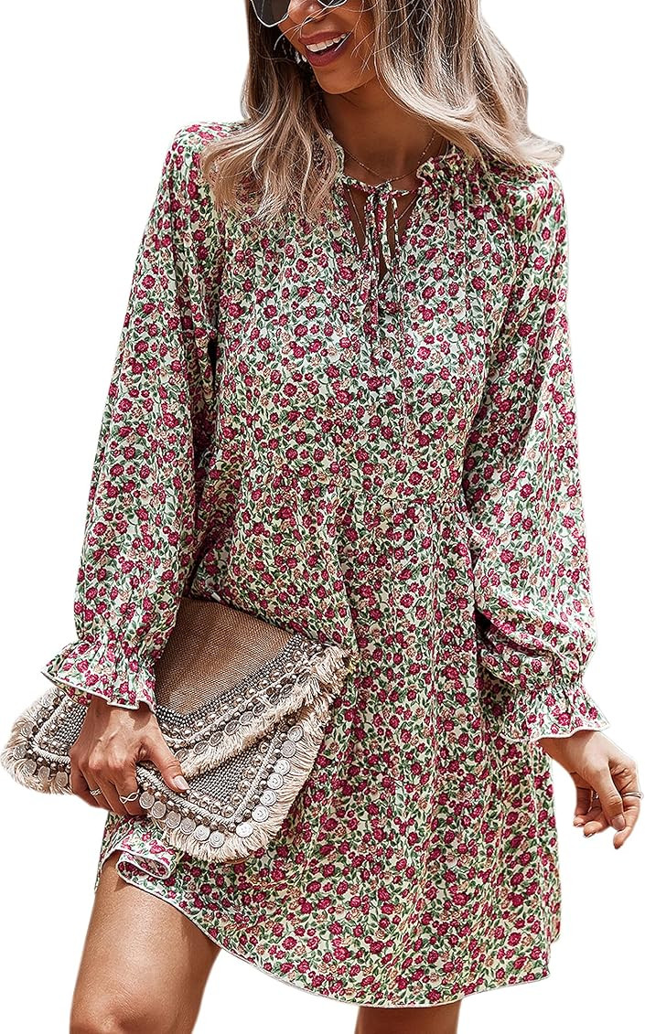 CCTOO Dress for Women Summer Long Sleeves Floral Ruffle V Neck Flowy Casual Mini Dress | Amazon (US)
