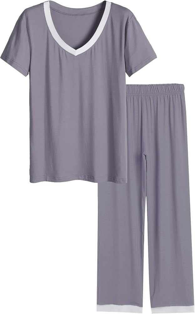 Latuza Women's V-neck Sleepwear Short Sleeves Top with Pants Pajama Set | Amazon (US)