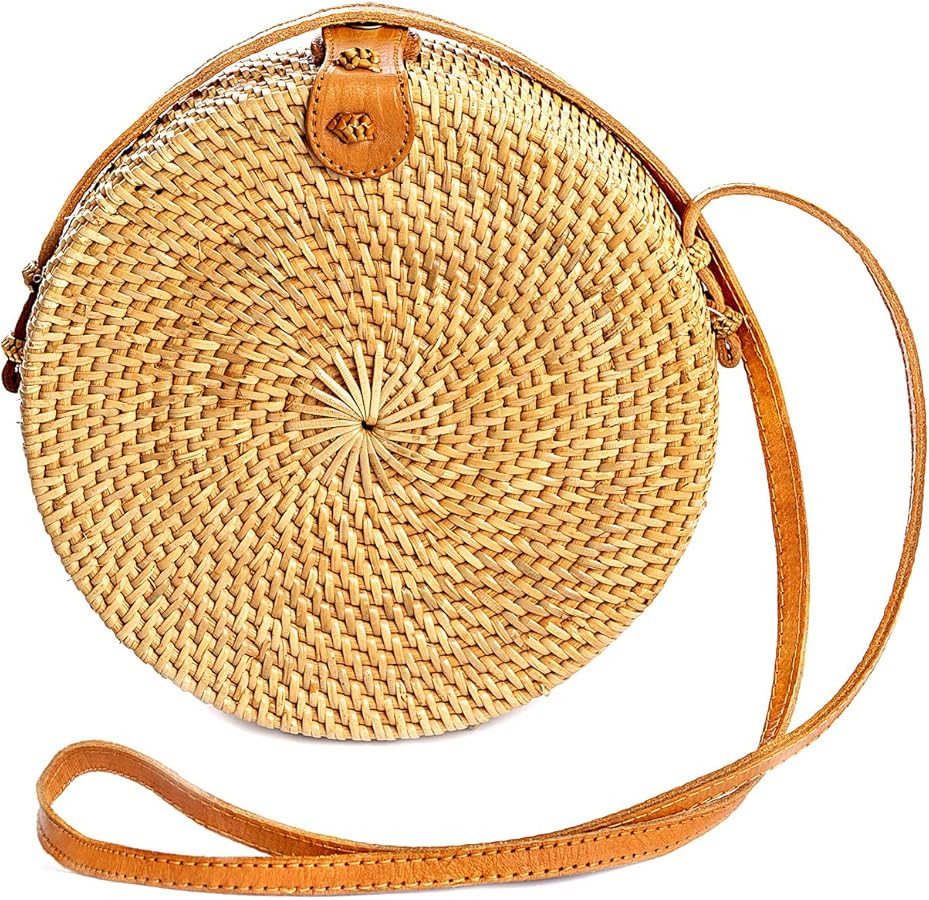 Novum Crafts Round Rattan Bag for Women - Handmade Straw Bags - Wicker Purse - Brown White Circle... | Amazon (US)