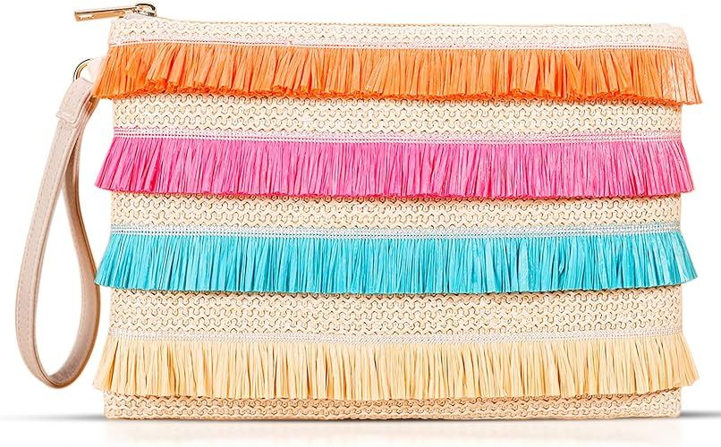 QTKJ Clutch Purses for Women, Straw Beach Bag, Bohemian Handmade Woven Envelope Wallet, Color Tas... | Amazon (US)