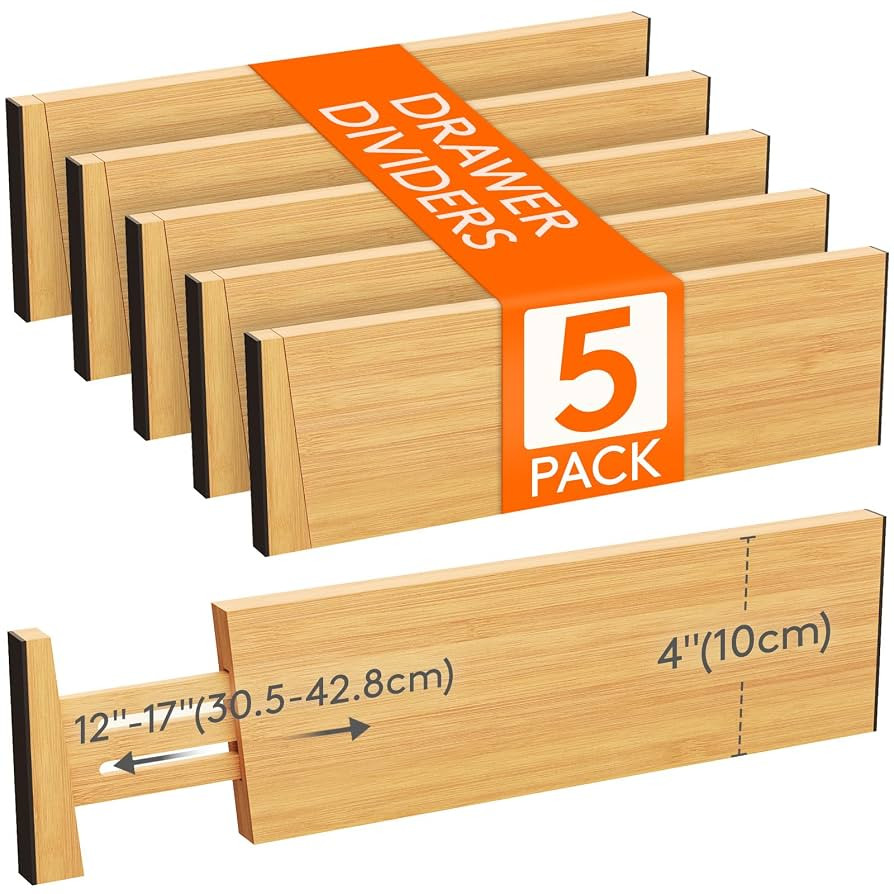 Lifewit 5 Pack Drawer Dividers Bamboo 4" High, 12-17" Adjustable Drawer Organizers for Clothes, E... | Amazon (US)