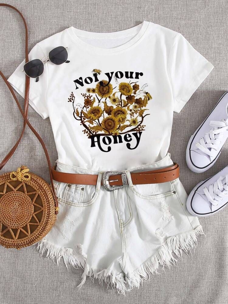 Slogan & Sunflower Print Tee | SHEIN