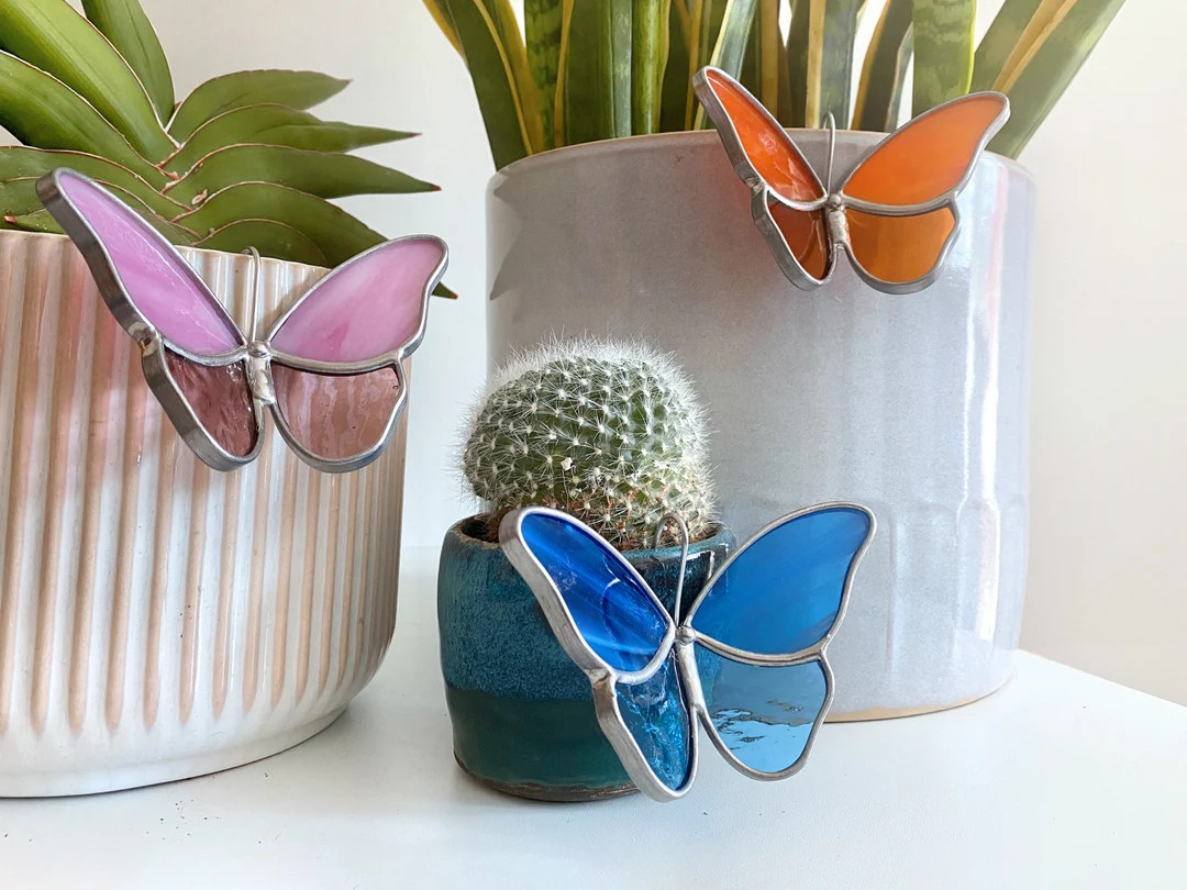 Stained Glass Butterfly Pot Hugger Nature-inspired Home Accent Plant Pot Accessories Botanical De... | Etsy (US)