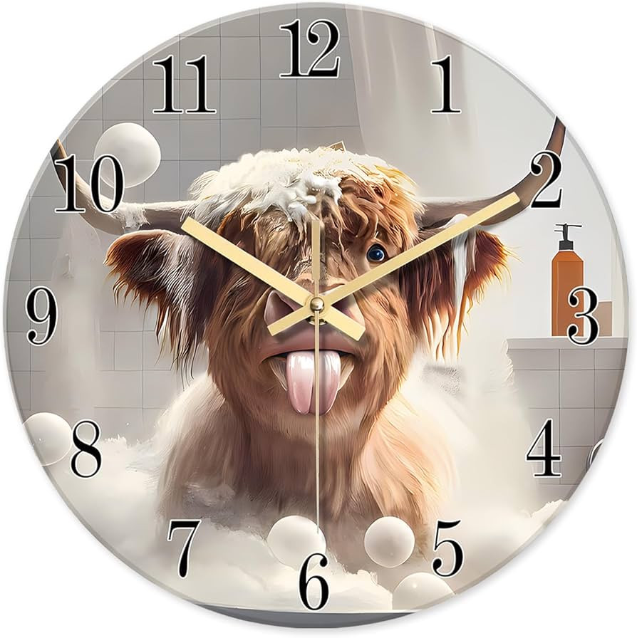 XNM Rustic Brown Glass Wall Clocks Battery Operated 12 Inch Highland Cow Clock for Bathroom Bedro... | Amazon (US)