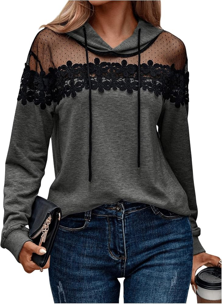 SHENHE Women's Hoodie Pullover Sheer Mesh Lace Patchwork Long Sleeve Fall Fashion Sweatshirt | Amazon (US)