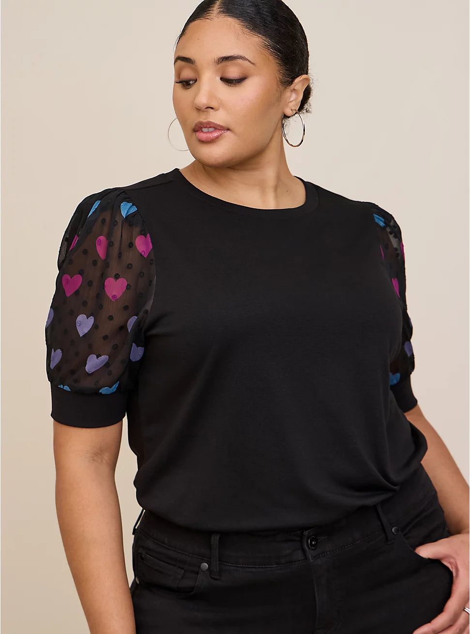 Classic Fit Fabric Mix Light Weight French Terry Black Heart Clip Dot Short Sleeve Sweatshirt | Torrid (US & Canada)