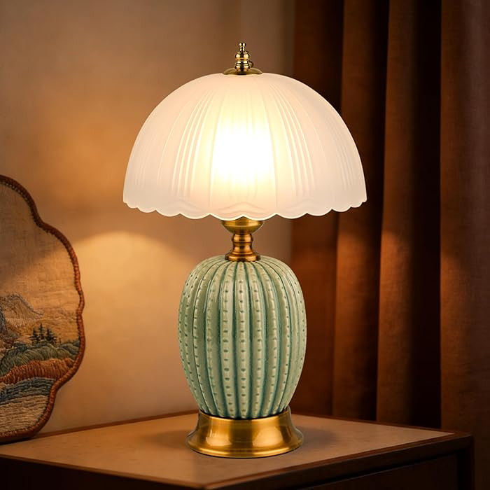 15.7" Vintage Ceramic Small Table Lamp, Green Cactus Retro Bedside Lamp with Scalloped Glass Shad... | Amazon (US)