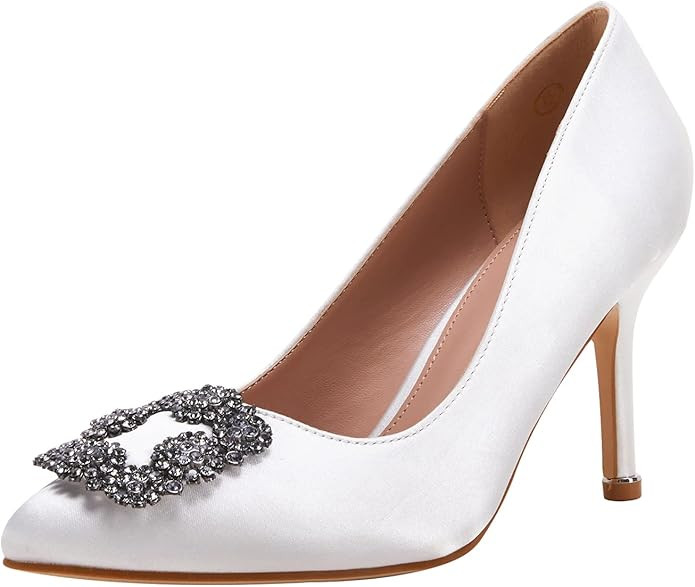 Women's Stiletto High Heel Pumps Classic Party Wedding Pointed Toe Pump Shoes with Jewel Buckle | Amazon (US)