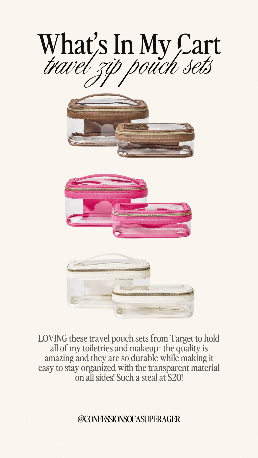 Travel must-have alert ✈️ These clear travel zip pouch sets are the ultimate organization hack for toiletries, makeup, and carry-on essentials—durable, easy to clean, and TSA-friendly with chic neutral + pop color options all under $20! Perfect for spring break, summer travel, and everyday organization—tap to shop and stay effortlessly organized 💼✨ #travelessentials #organizationhacks #makeupbag #toiletrybag #carryonessentials #travelstyle #amazonfinds #targetfinds #springtravel #summertravel #packwithme #ltkunder50 #ltktravel #ltkfinds 

 

#LTKOver40 #LTKSaleAlert #LTKTravel