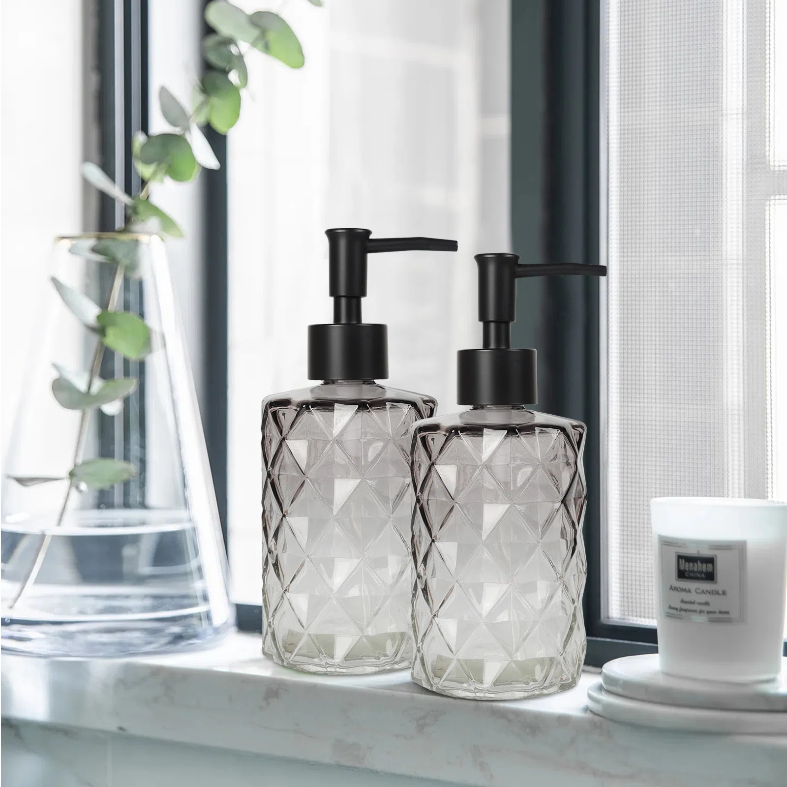 Mercer41 Glass Soap Dispenser with Plastic Pump, 2 Pack 12 oz Gradient Diamond Design Black Soap Dispenser for Dishwasher Liquid, Lotion Body Wash | Wayfair | Wayfair North America