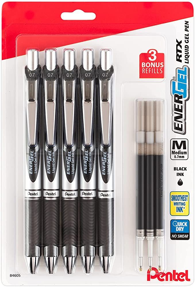 Pentel EnerGel Liquid Gel Ink Pens 0.7 mm - Pack of 5 Black Deluxe RTX Energel Pens with 3 Refill... | Amazon (US)