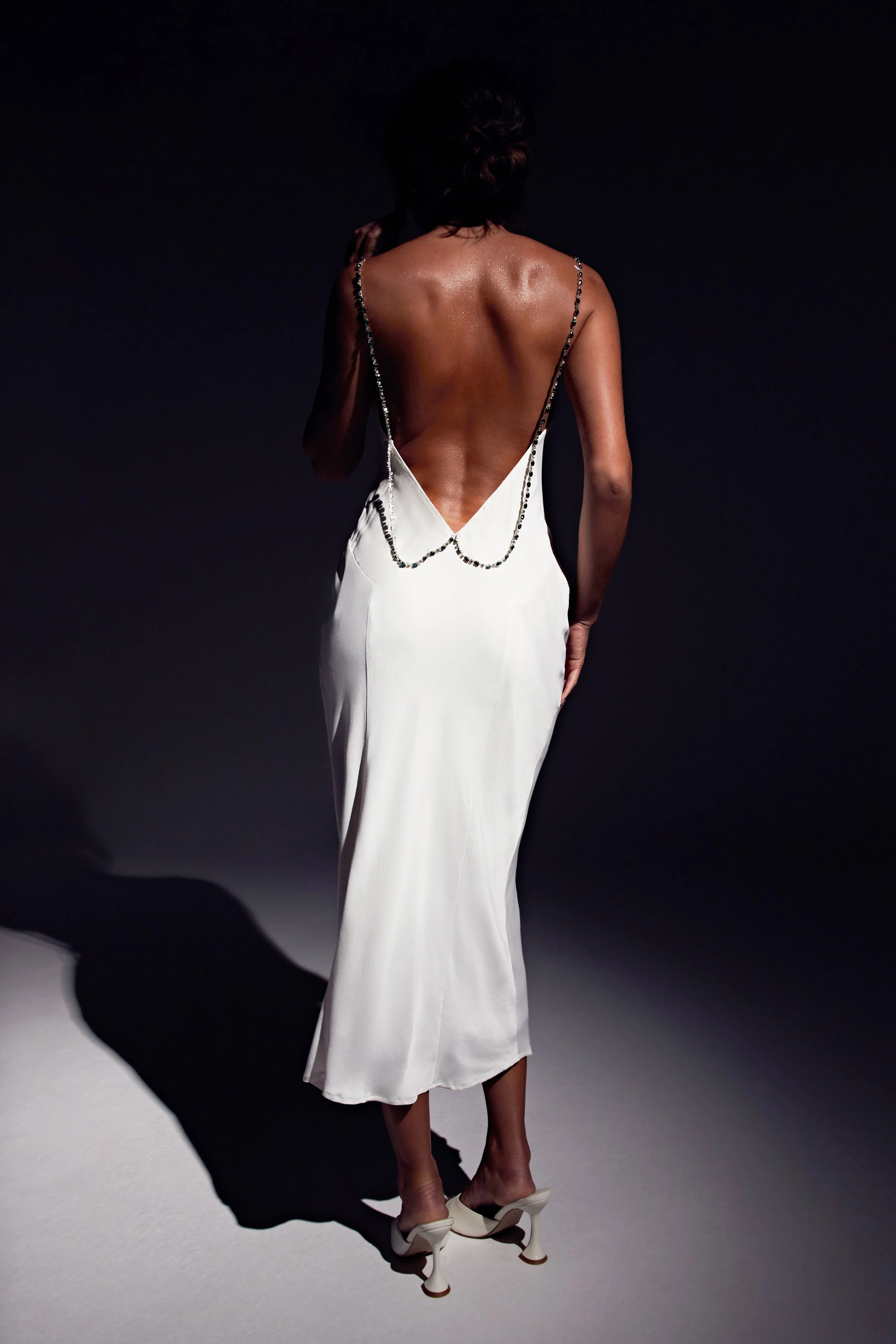 Rasta Cowl Neck Diamante Strap Midi Dress - White | MESHKI US