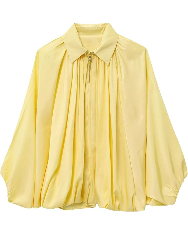 Womens Puffed Bomber Jacket Casual Batwing Sleeve Lapel Collar Zip Shirts Oversized Pleated Stree... | Amazon (US)