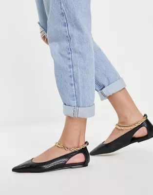 ASOS DESIGN Lookout ballet flats with ankle chain in black lizard | ASOS (Global)