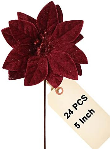 5 Inch Red Christmas Poinsettia Flowers for Tree - 24PCS Deep Red Christmas Flowers Artificial wi... | Amazon (US)