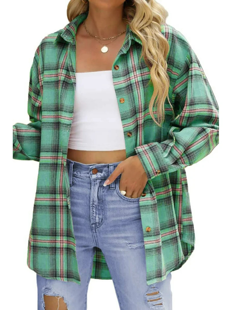 Fantaslook Plaid Flannel Shirts for Women Oversized Long Sleeve Button Down Shirts Blouses Tops | Walmart (US)