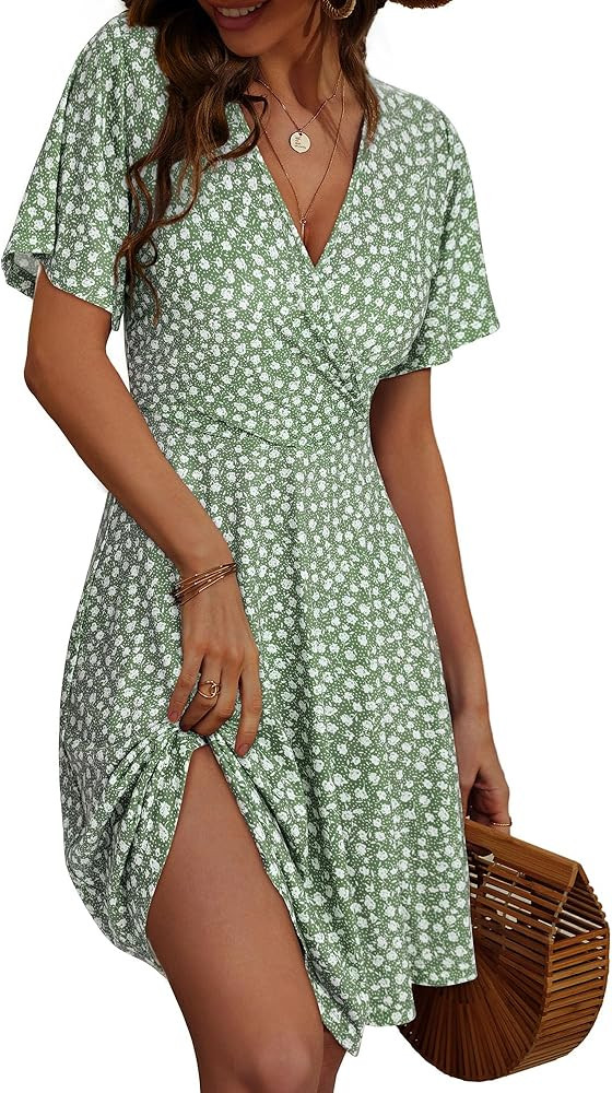 FENSACE Womens Sundress Summer Floral Short Sleeve Wrap V Neck A-Line Midi Dress | Amazon (US)